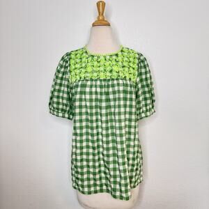 Jodifl‎ Womens Gingham Check Embroidered Top Size S Green Peasant Cottagecore